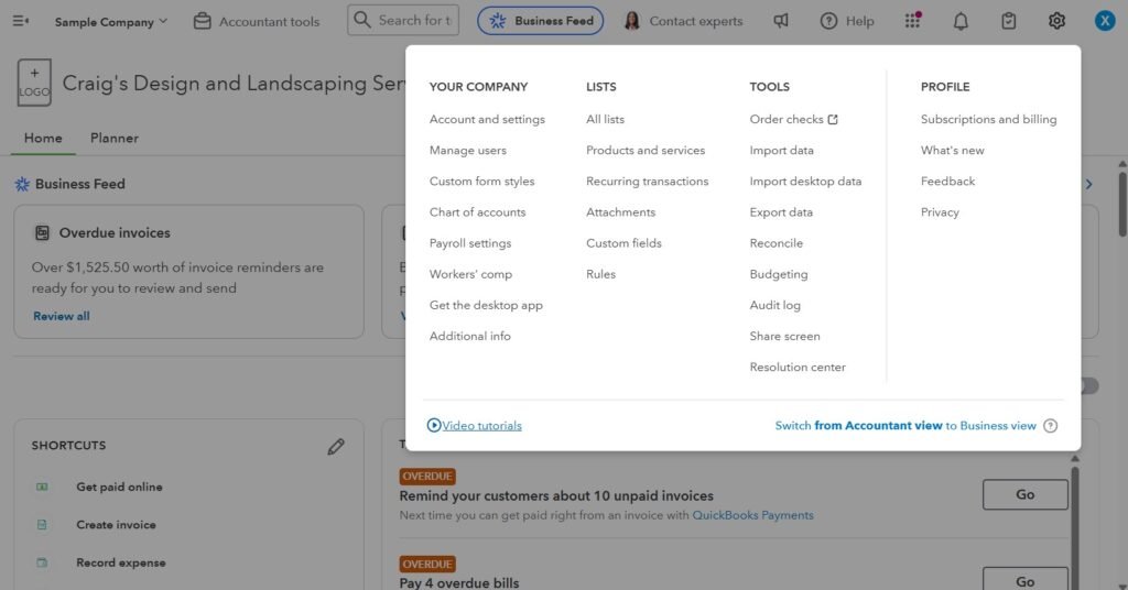 settings - chart of accounts